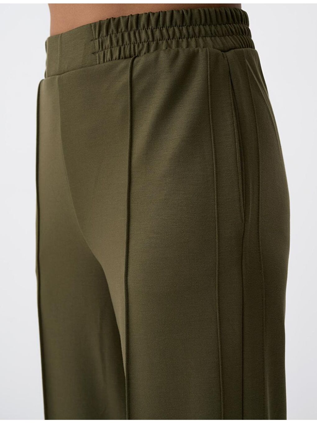 Haki Yüksek Bel Bol Paça Yırtmaçlı Rahat Pantolon-4