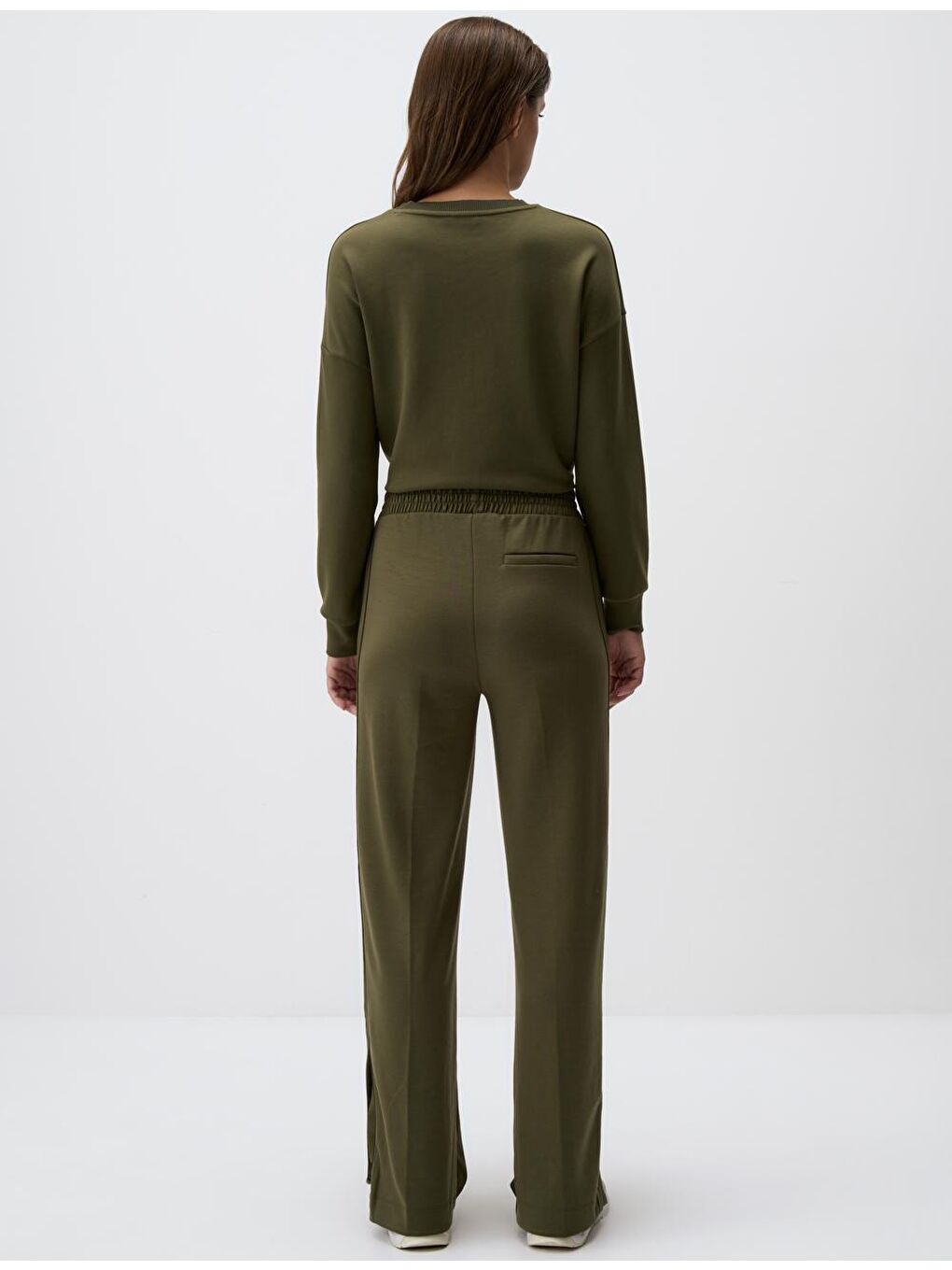 Haki Yüksek Bel Bol Paça Yırtmaçlı Rahat Pantolon-5