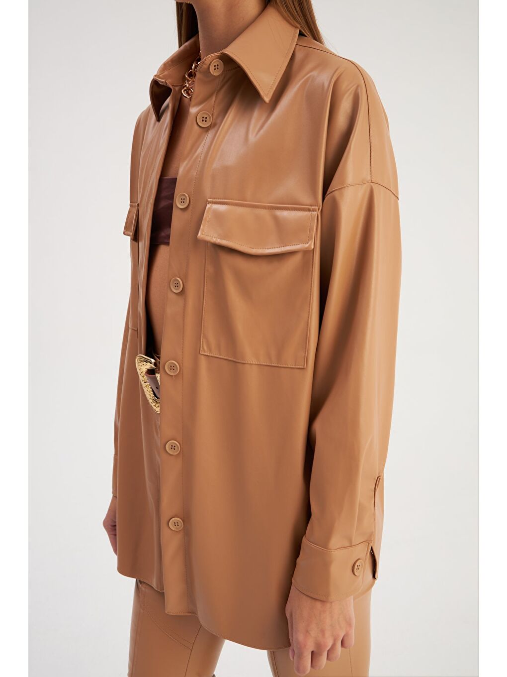 Cepli Uzun Deri Gömlek - Bej-5
