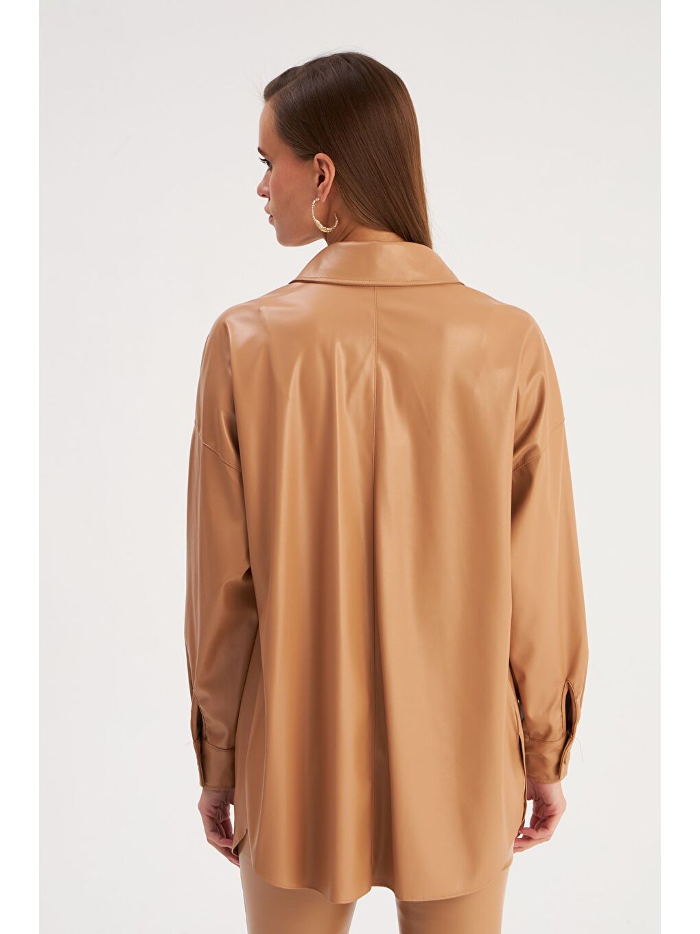 Cepli Uzun Deri Gömlek - Bej-6