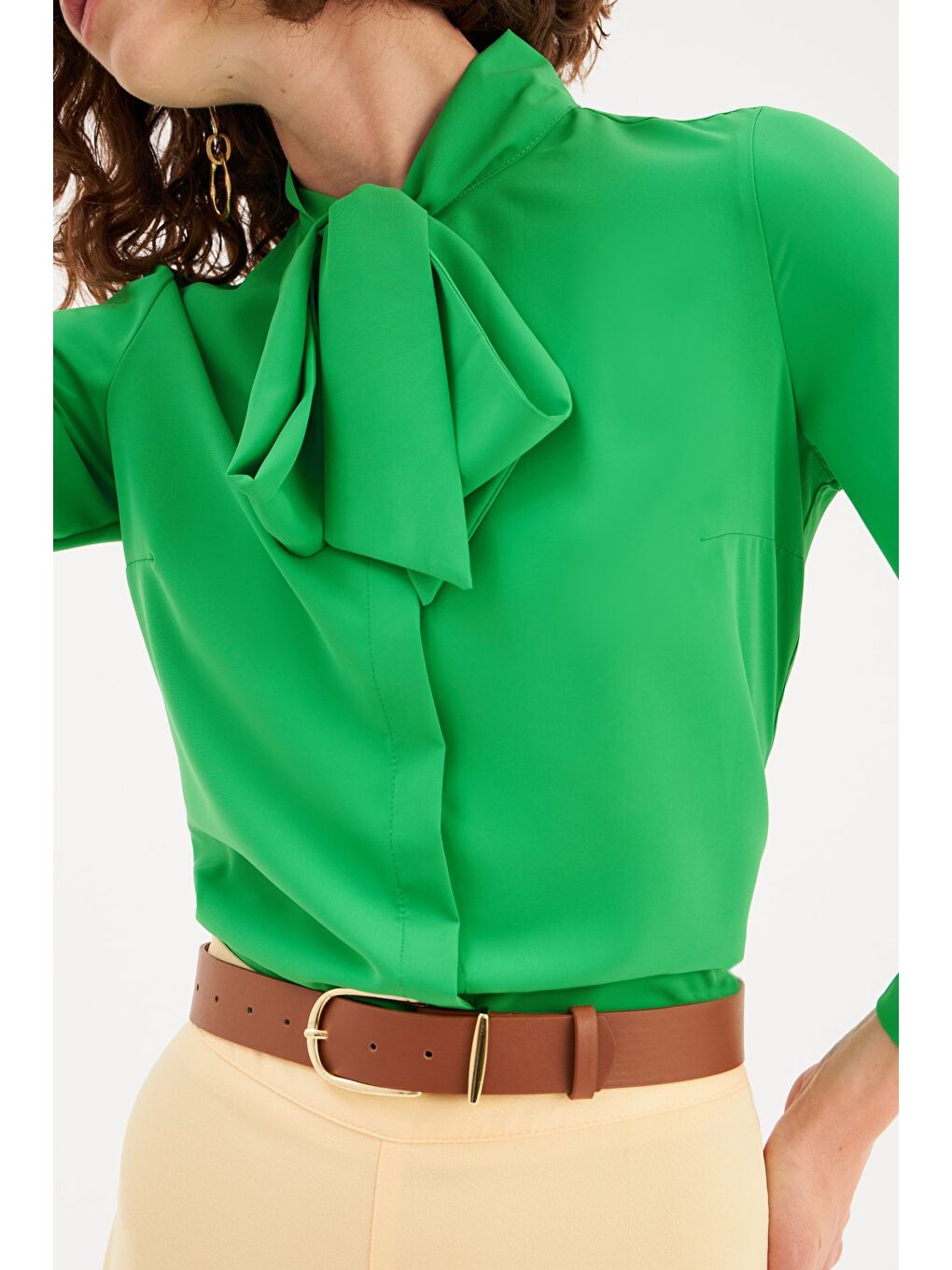 Yakası Bağlamalı Düz Gömlek - Yeşil-3