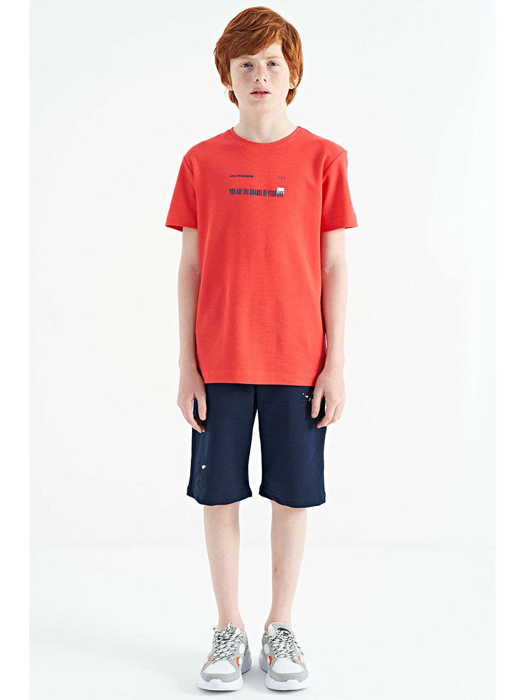 Kırmızı Coral Baskı Detaylı O Yaka Standart Kalıp Erkek  Çocuk Tişört - 11117-1