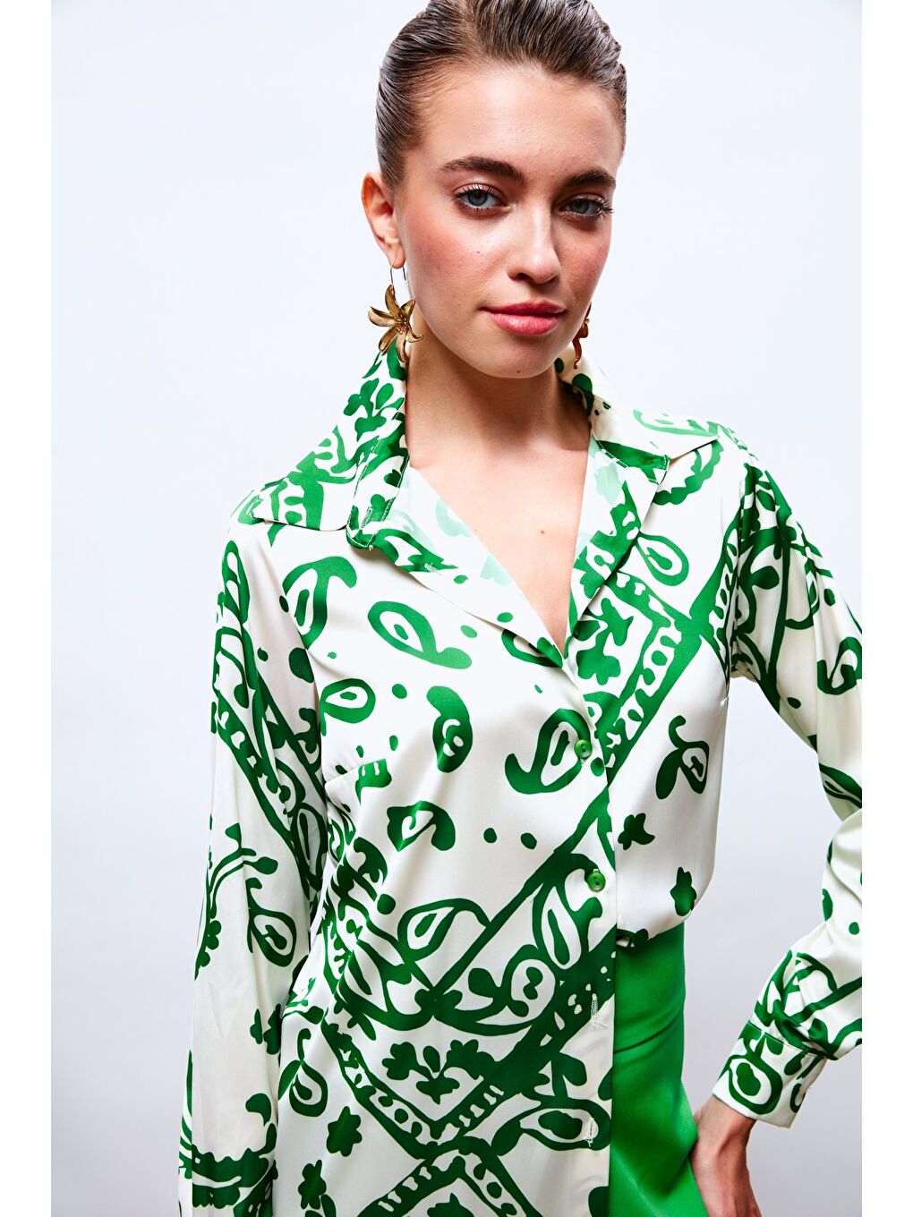 Desenli Salaş Saten Gömlek - Yeşil-1