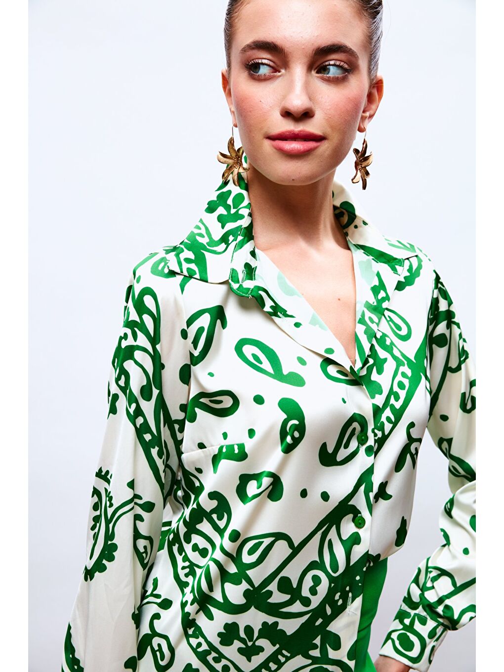 Desenli Salaş Saten Gömlek - Yeşil-2