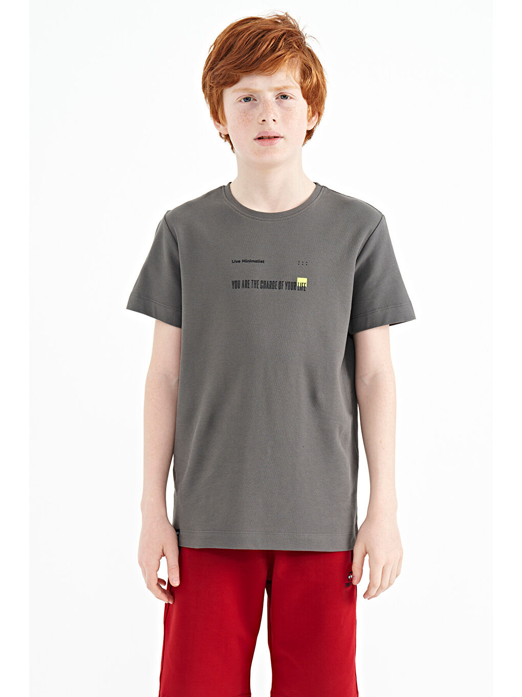 Koyu Gri Baskı Detaylı O Yaka Standart Kalıp Erkek  Çocuk Tişört - 11117