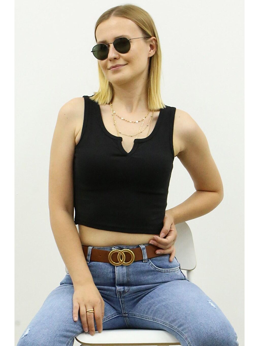 Önü Detaylı Siyah Crop Top Mg362-4