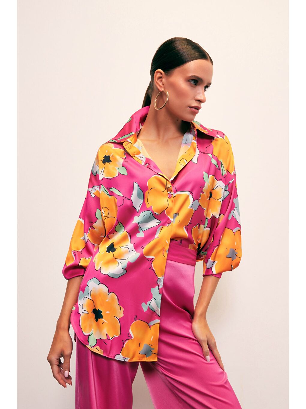 Çiçek Desenli Oversize Gömlek - Fuşya