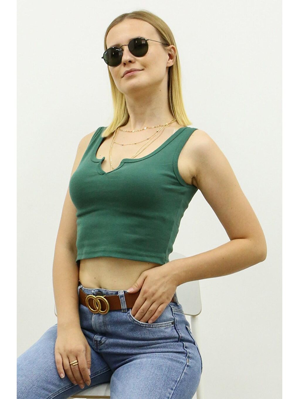 Madmext Yeşil Önü Detaylı Crop Top MG362