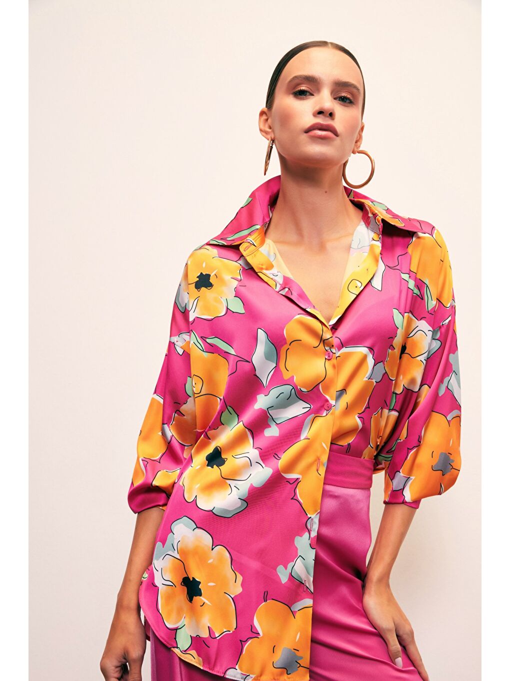 Çiçek Desenli Oversize Gömlek - Fuşya-1