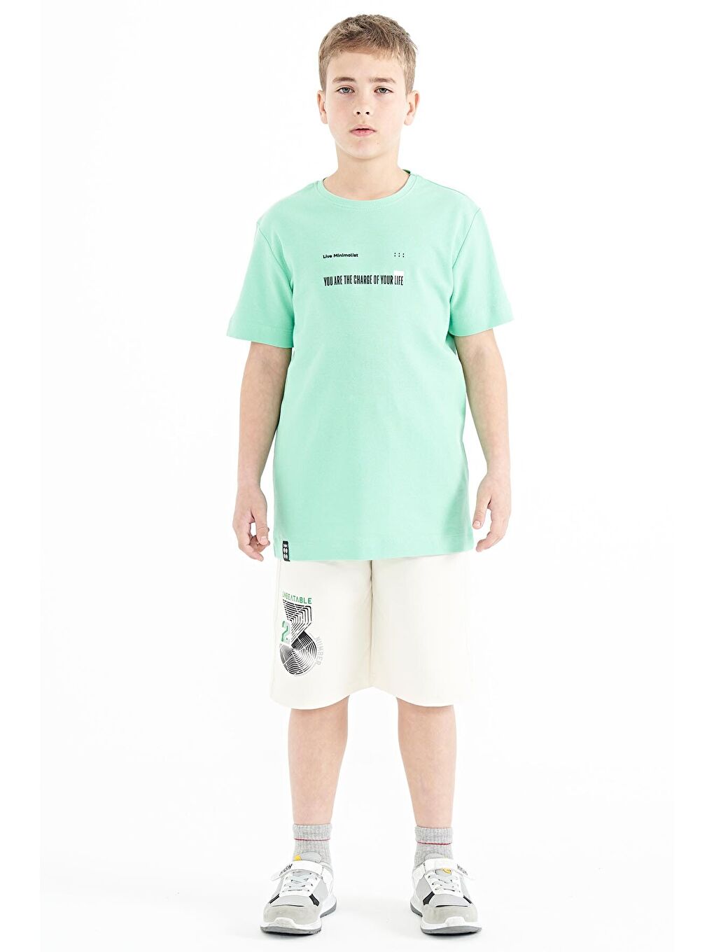 Turkuaz Su Yeşili Baskı Detaylı O Yaka Standart Kalıp Erkek  Çocuk Tişört - 11117-1