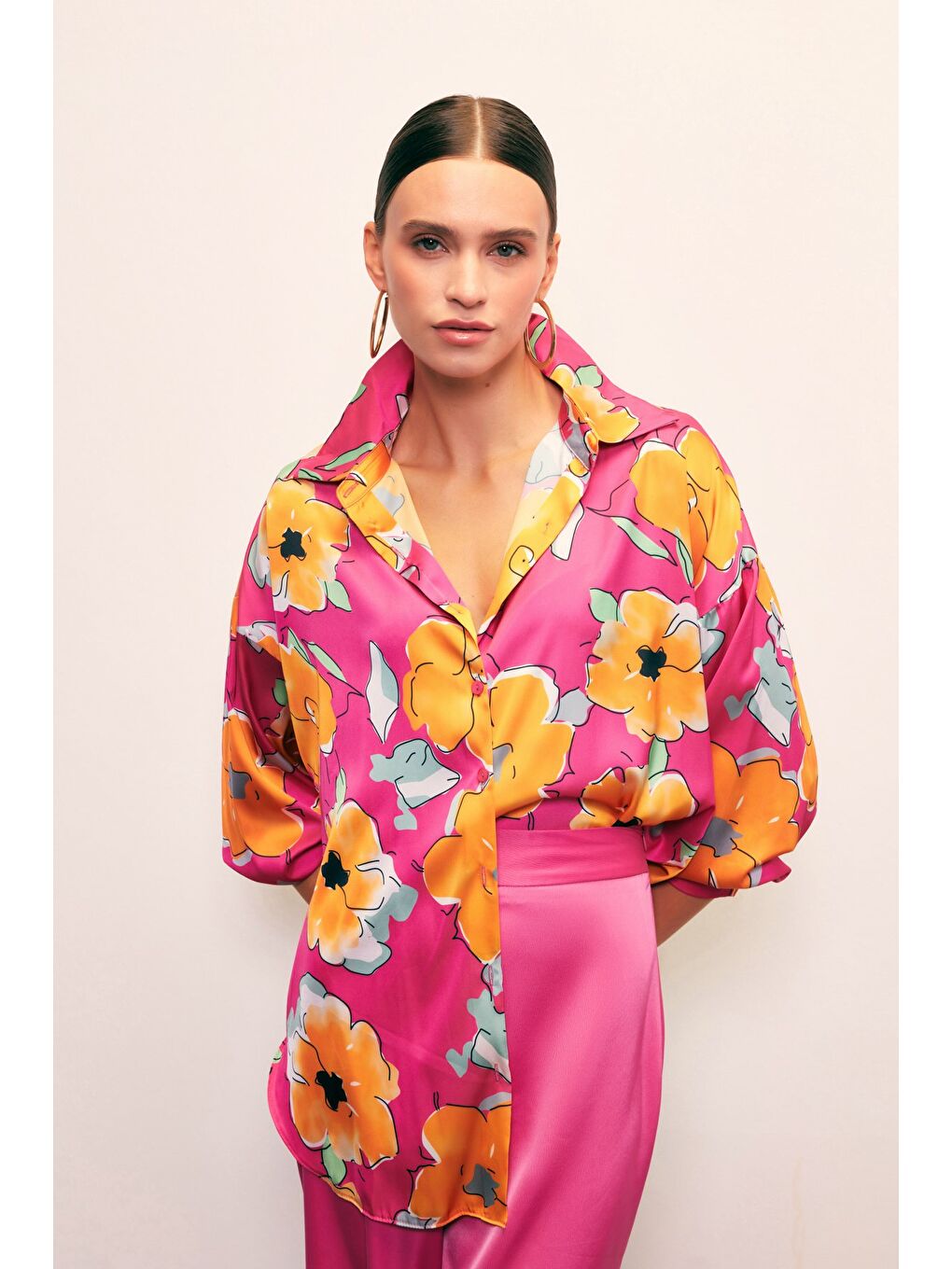 Çiçek Desenli Oversize Gömlek - Fuşya-2