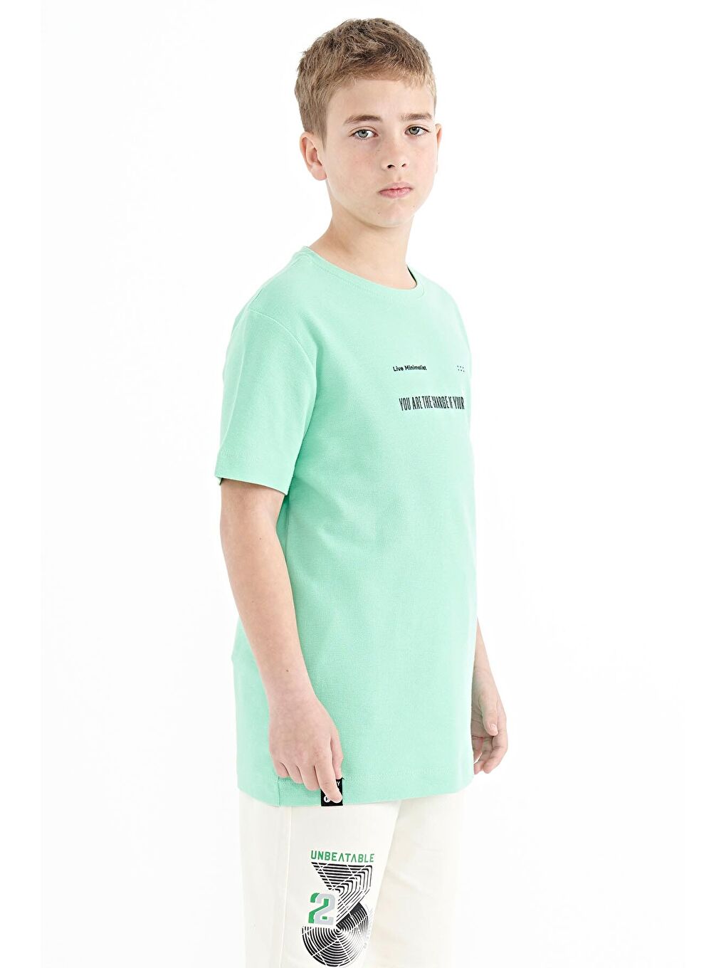 Turkuaz Su Yeşili Baskı Detaylı O Yaka Standart Kalıp Erkek  Çocuk Tişört - 11117-3