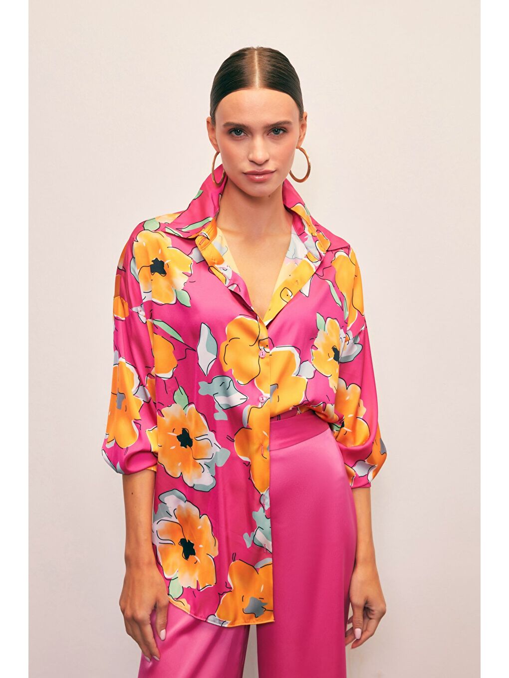 Çiçek Desenli Oversize Gömlek - Fuşya-4
