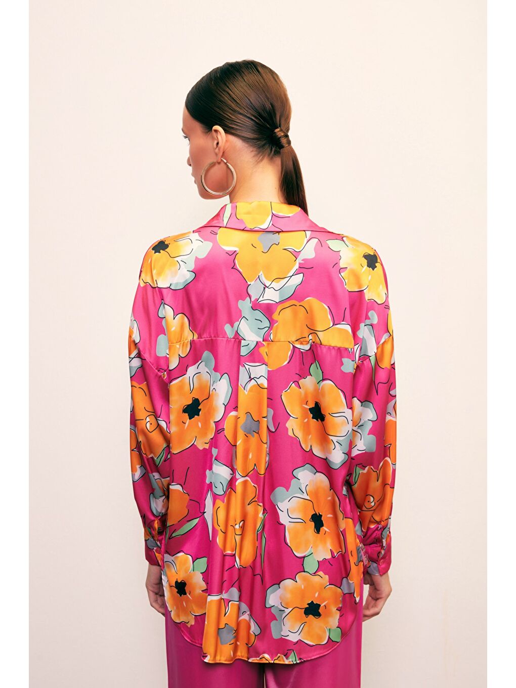 Çiçek Desenli Oversize Gömlek - Fuşya-5