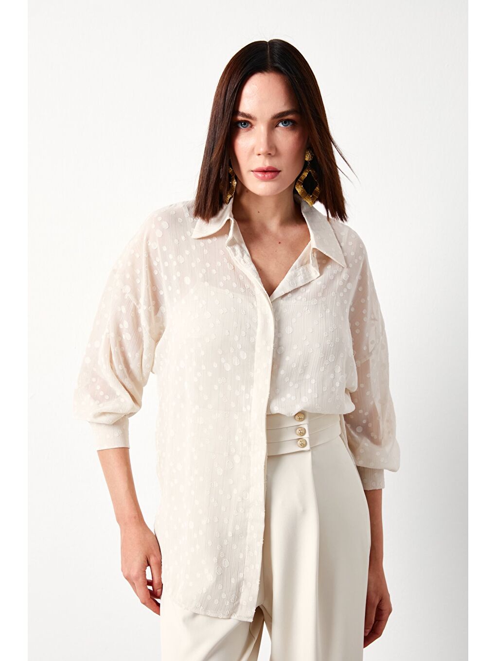 Bej Desenli Uzun Gömlek - Taş-3