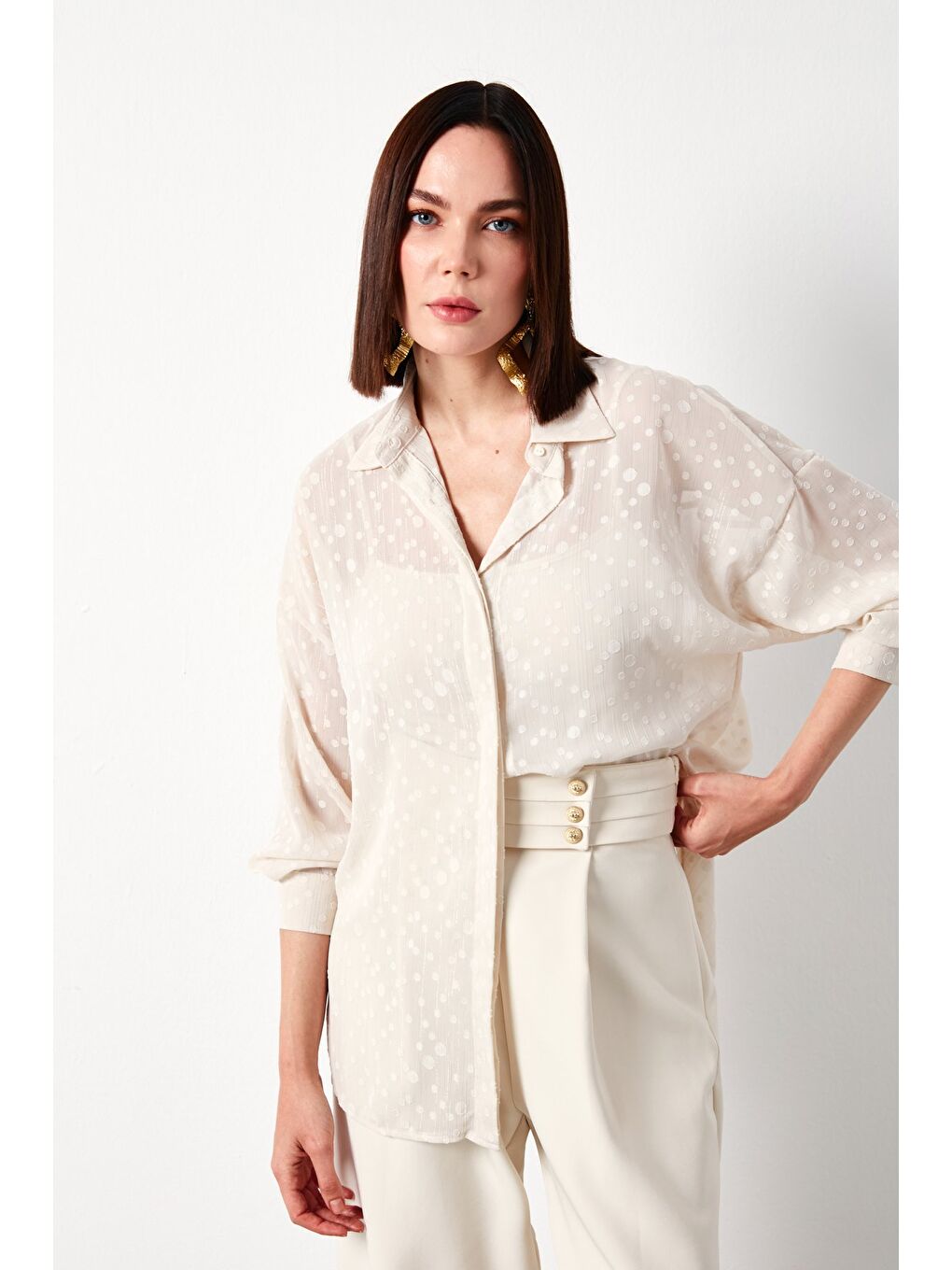 Bej Desenli Uzun Gömlek - Taş-5