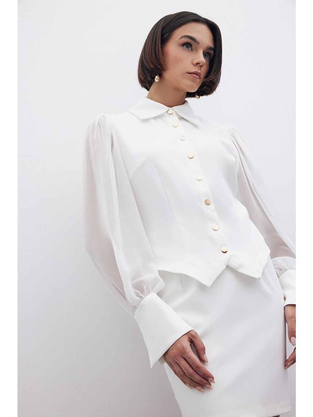 Şifon Kol Gömlek - Ekru-3