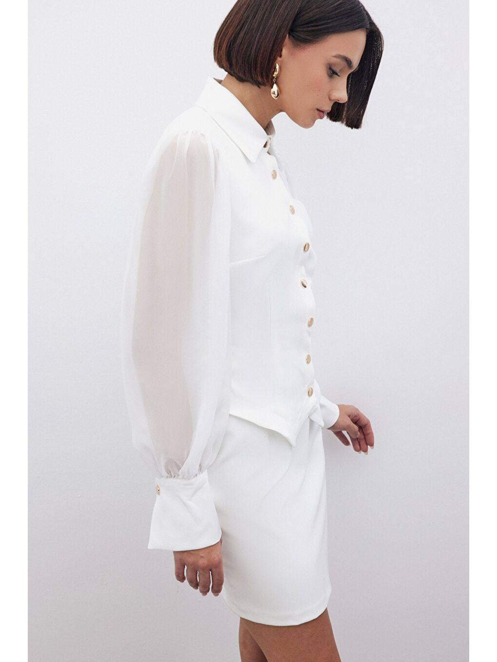 Şifon Kol Gömlek - Ekru-4