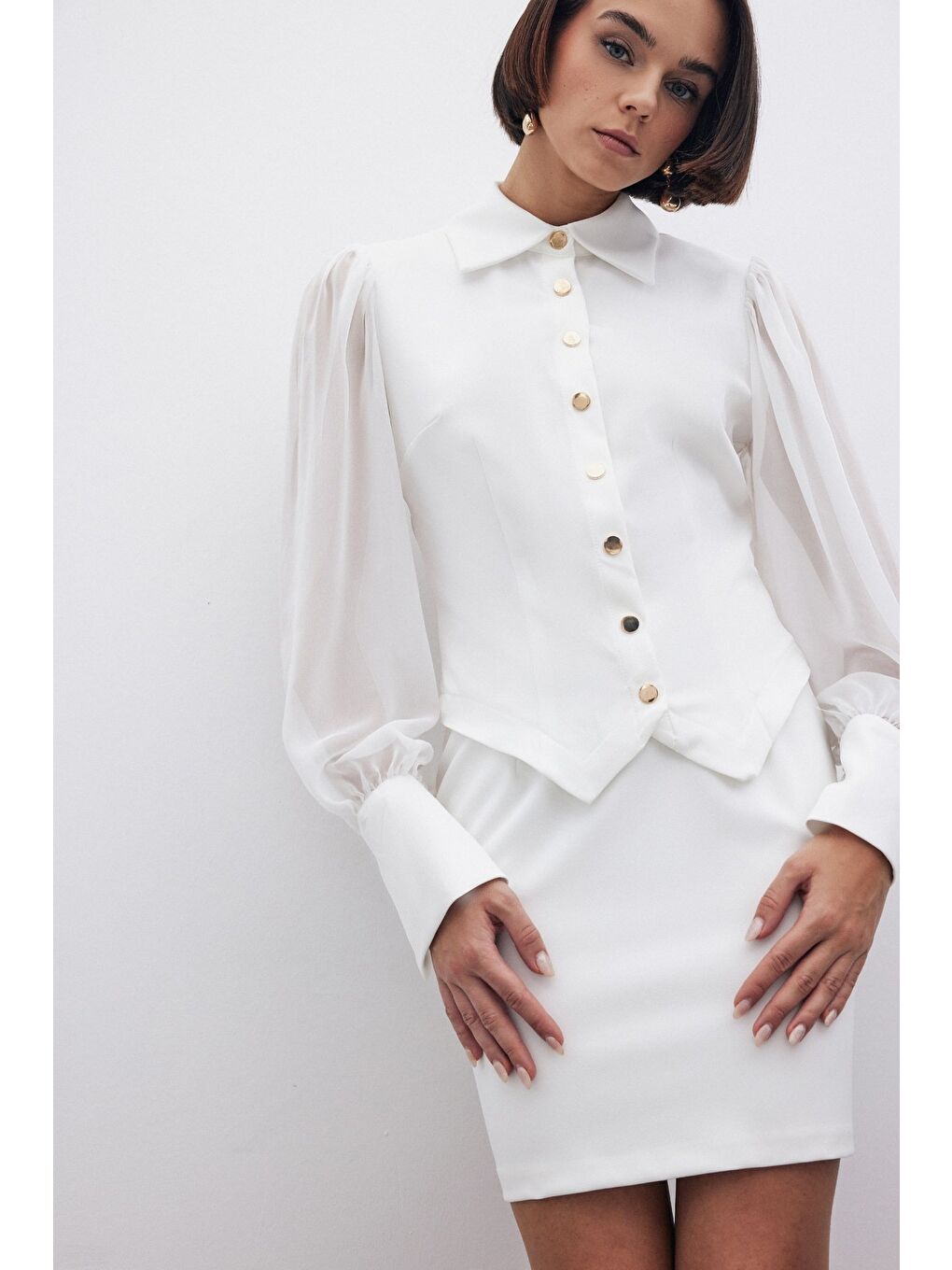 Şifon Kol Gömlek - Ekru-6