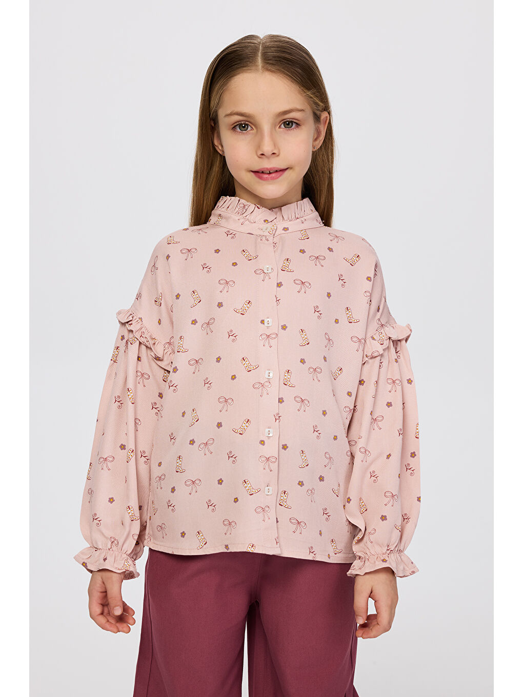 Kız Çocuk Desenli Gömlek Pembe-5