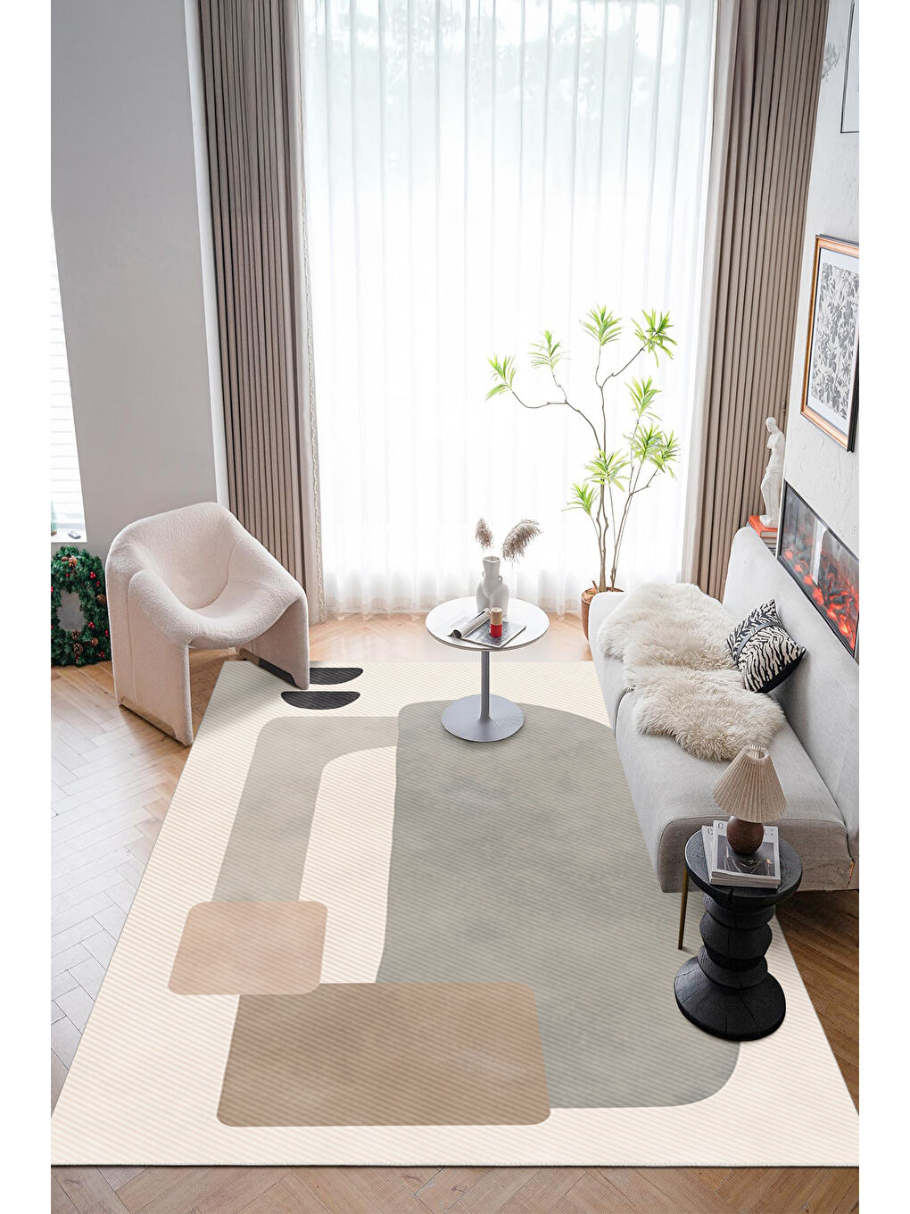 Ekru Modern Dekoratif Yıkanabilir Kaymaz Taban Halı – İnce, Yumuşak Salon Halısı, Mutfak Halısı ve Yolluk-2