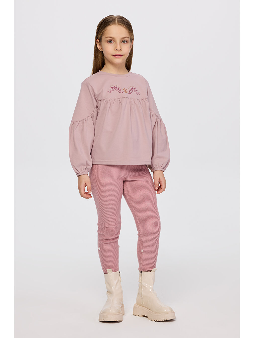 Pembe Kız Çocuk Uzun Kollu T-Shirt Pudra-1
