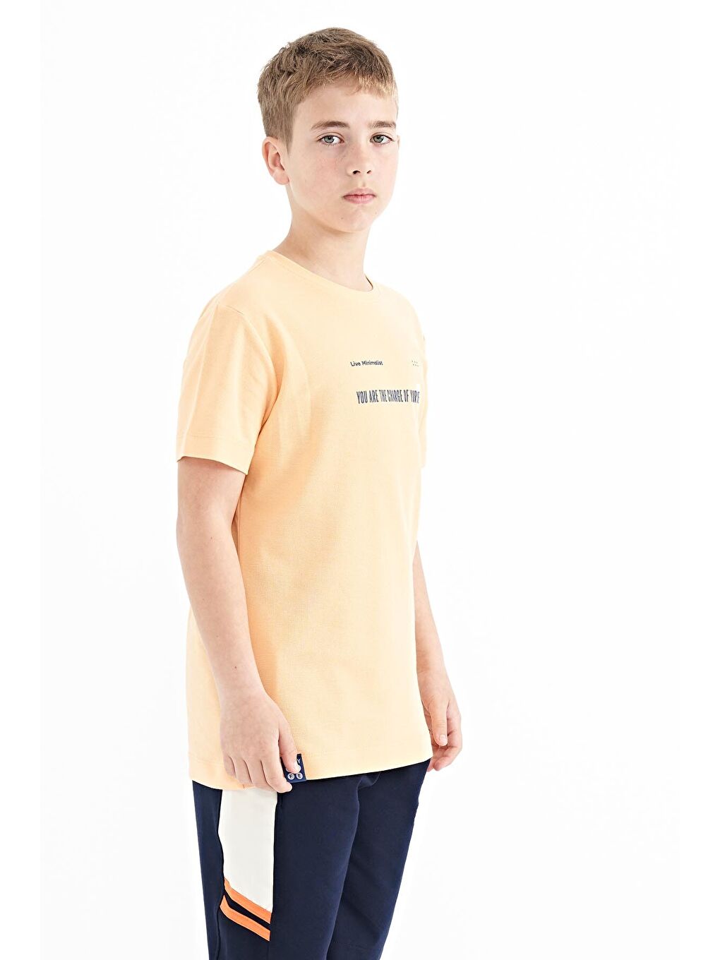 Turuncu Kavun Içi Baskı Detaylı O Yaka Standart Kalıp Erkek  Çocuk Tişört - 11117-3