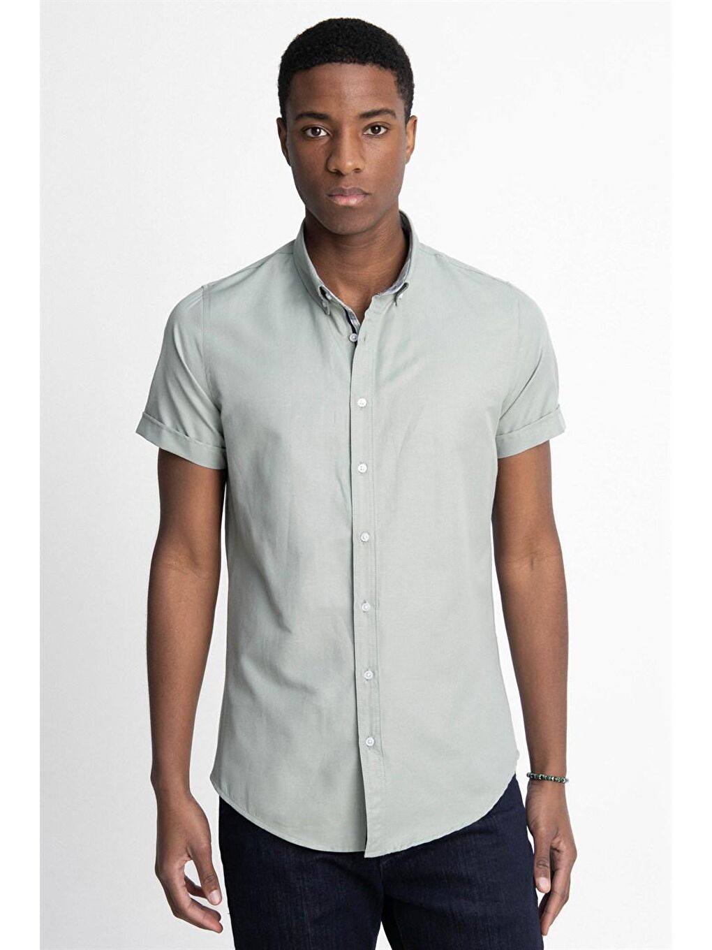 Yeşil Tudors Slim Fit Kısa Kol Düğmeli Yaka Poplin Oxford Erkek Gömlek