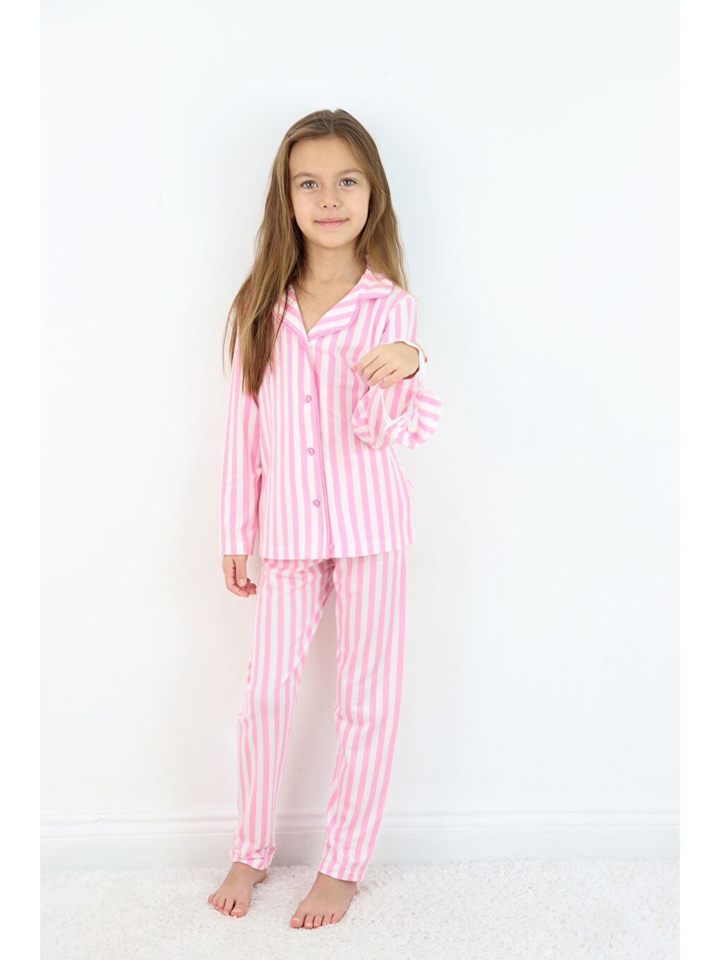 Pembe Kız Çocuk Çizgili Göz Bantlı Düğmeli %100 Pamuklu Pijama Takımı-2