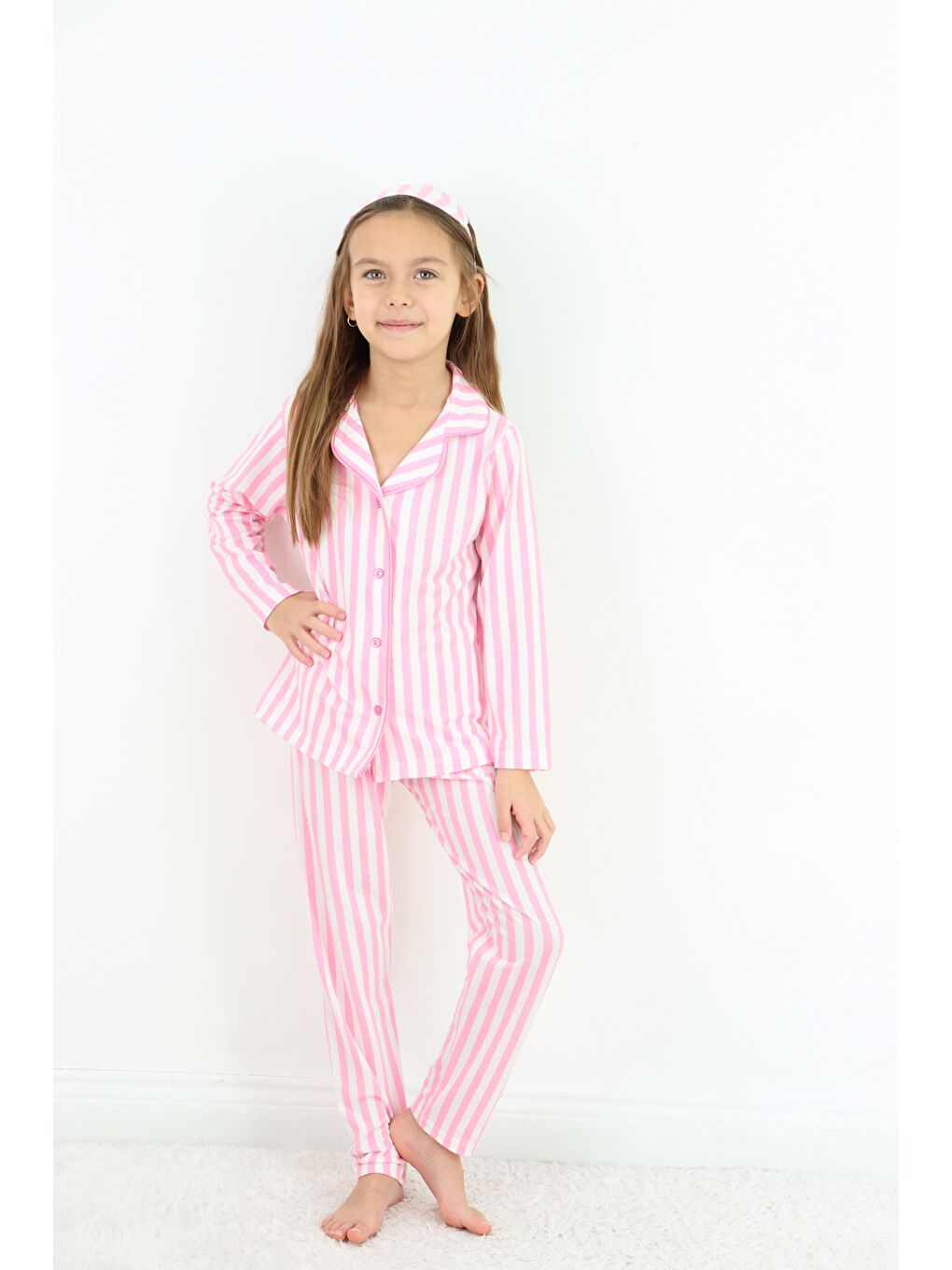 Pembe Kız Çocuk Çizgili Göz Bantlı Düğmeli %100 Pamuklu Pijama Takımı-3