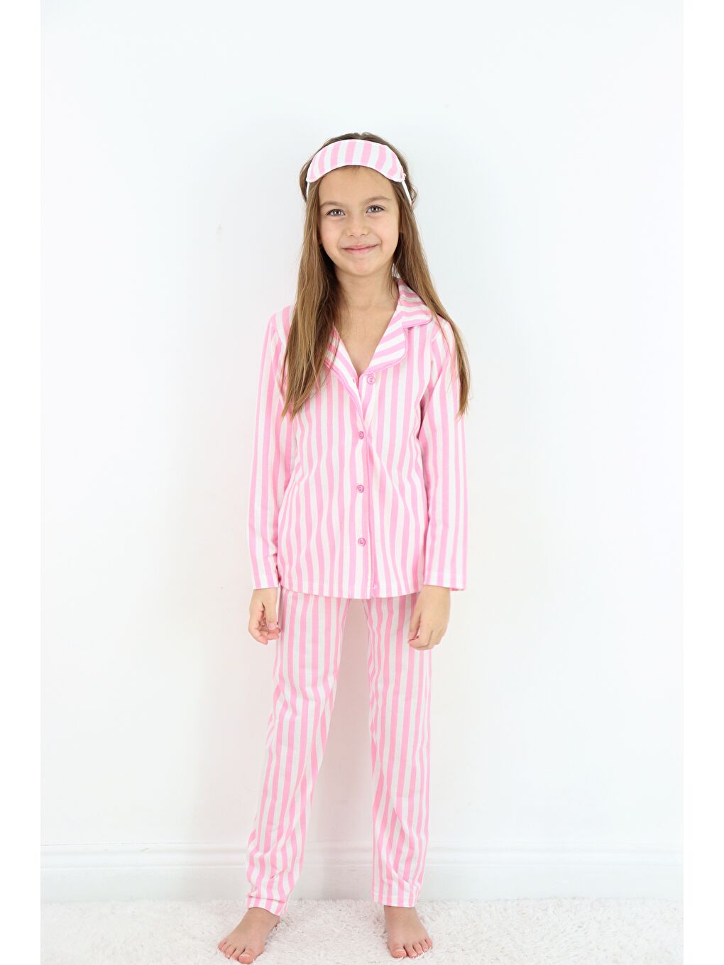 Pembe Kız Çocuk Çizgili Göz Bantlı Düğmeli %100 Pamuklu Pijama Takımı-4
