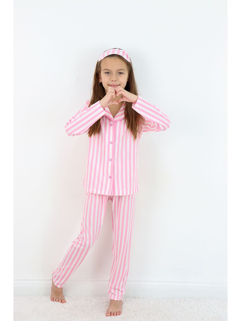 Pembe Kız Çocuk Çizgili Göz Bantlı Düğmeli %100 Pamuklu Pijama Takımı-5