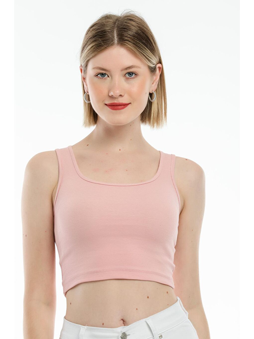 Pembe Kadın Crop Örme Slim Fit Atlet-Tişort SPR21Y19-1