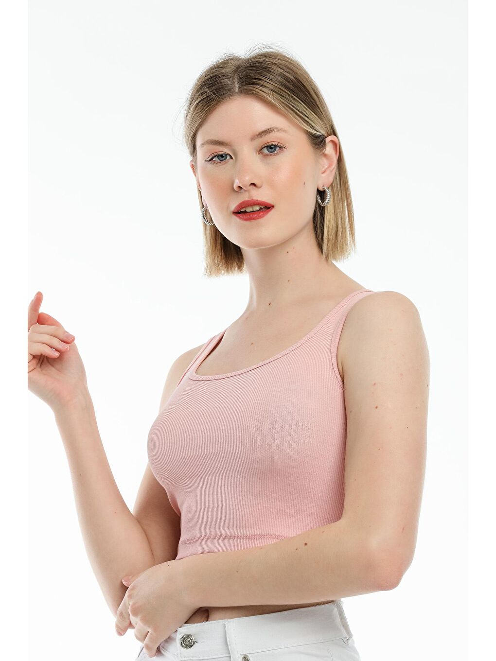 Pembe Kadın Crop Örme Slim Fit Atlet-Tişort SPR21Y19-2