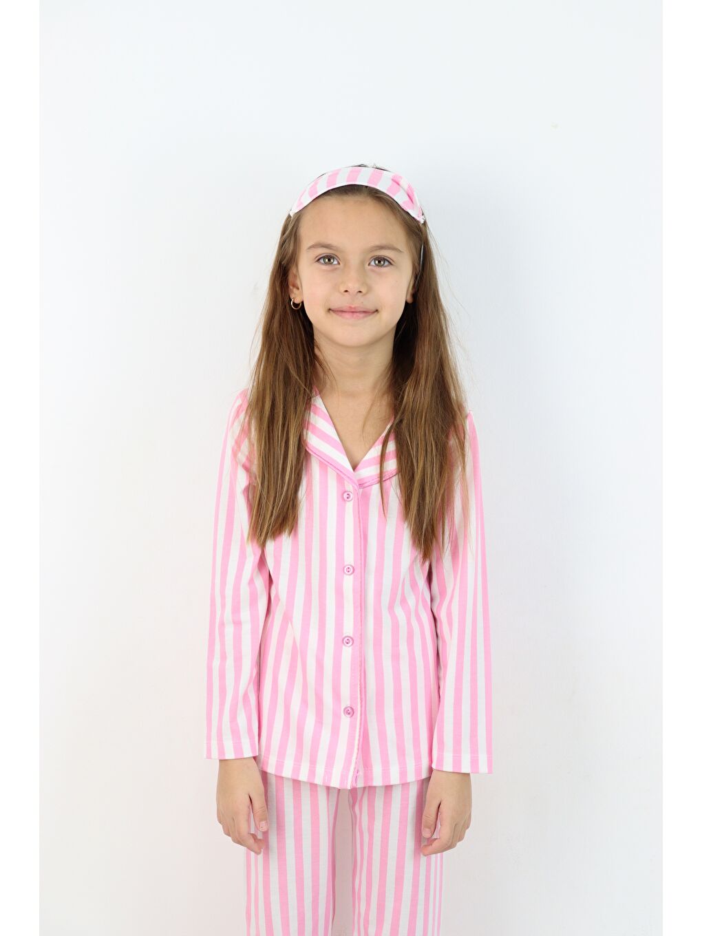 Pembe Kız Çocuk Çizgili Göz Bantlı Düğmeli %100 Pamuklu Pijama Takımı-7