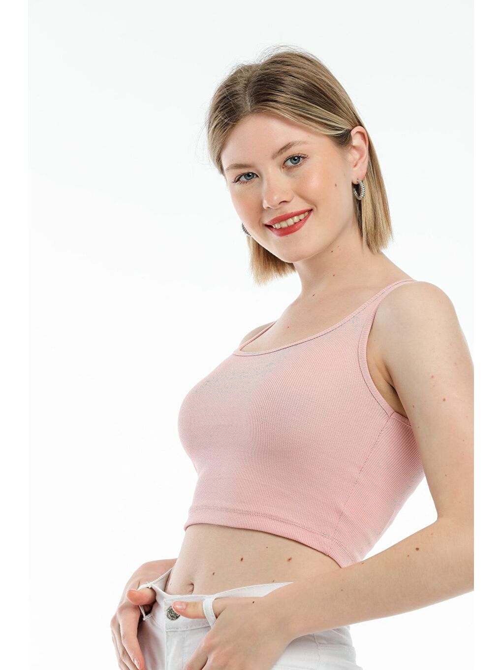 Pembe Kadın Crop Örme Slim Fit Atlet-Tişort SPR21Y19-3