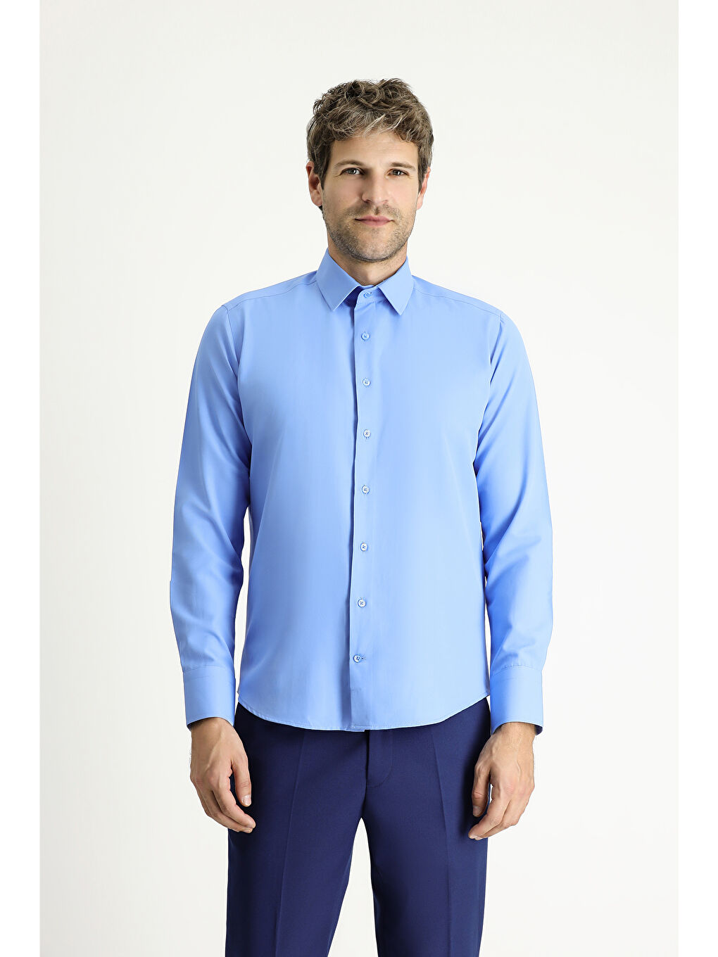 Mavi Uzun Kollu Slim Fit Dar Kesim Klasik Pamuklu Kolay Ütülenebilir Gömlek-2