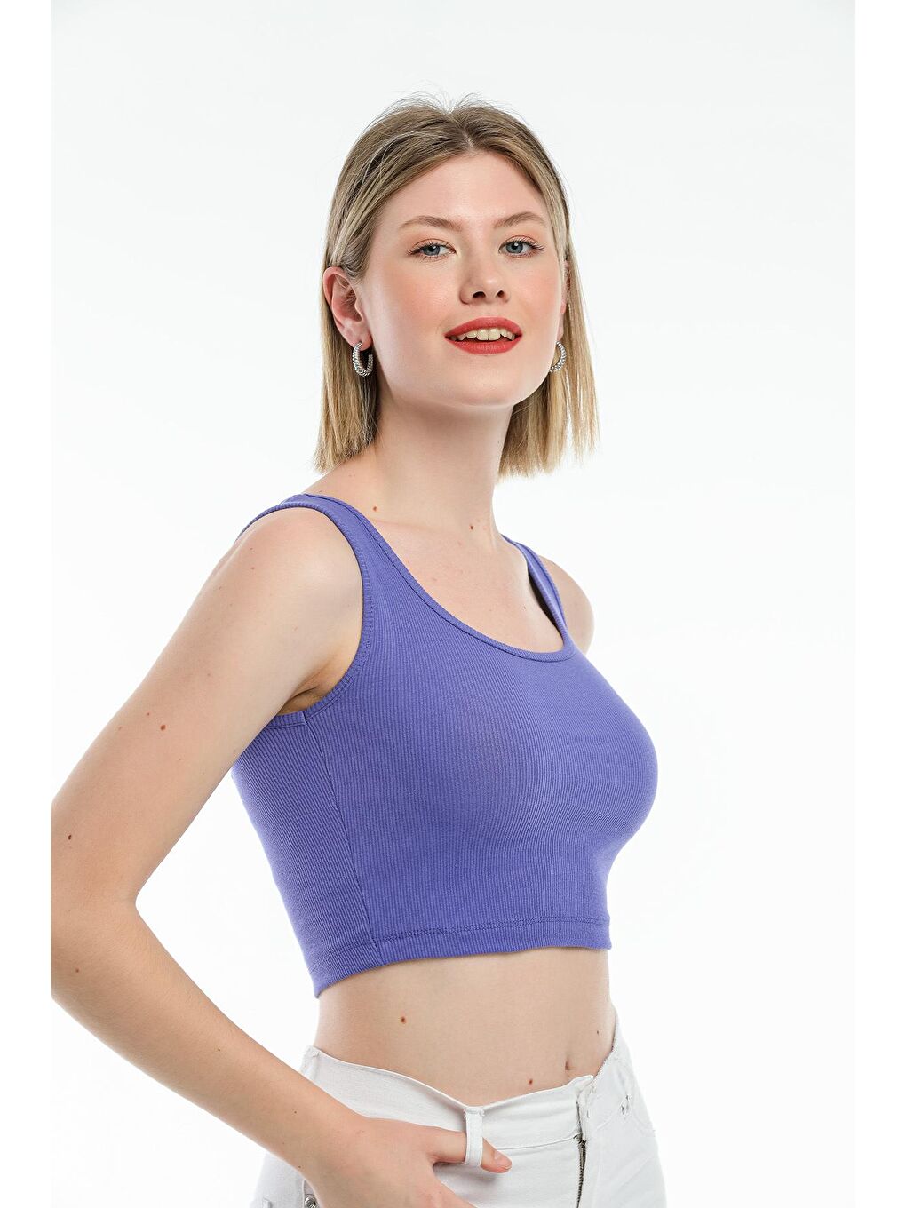 Lila Kadın Crop Örme Slim Fit Atlet-Tişort SPR21Y19-1