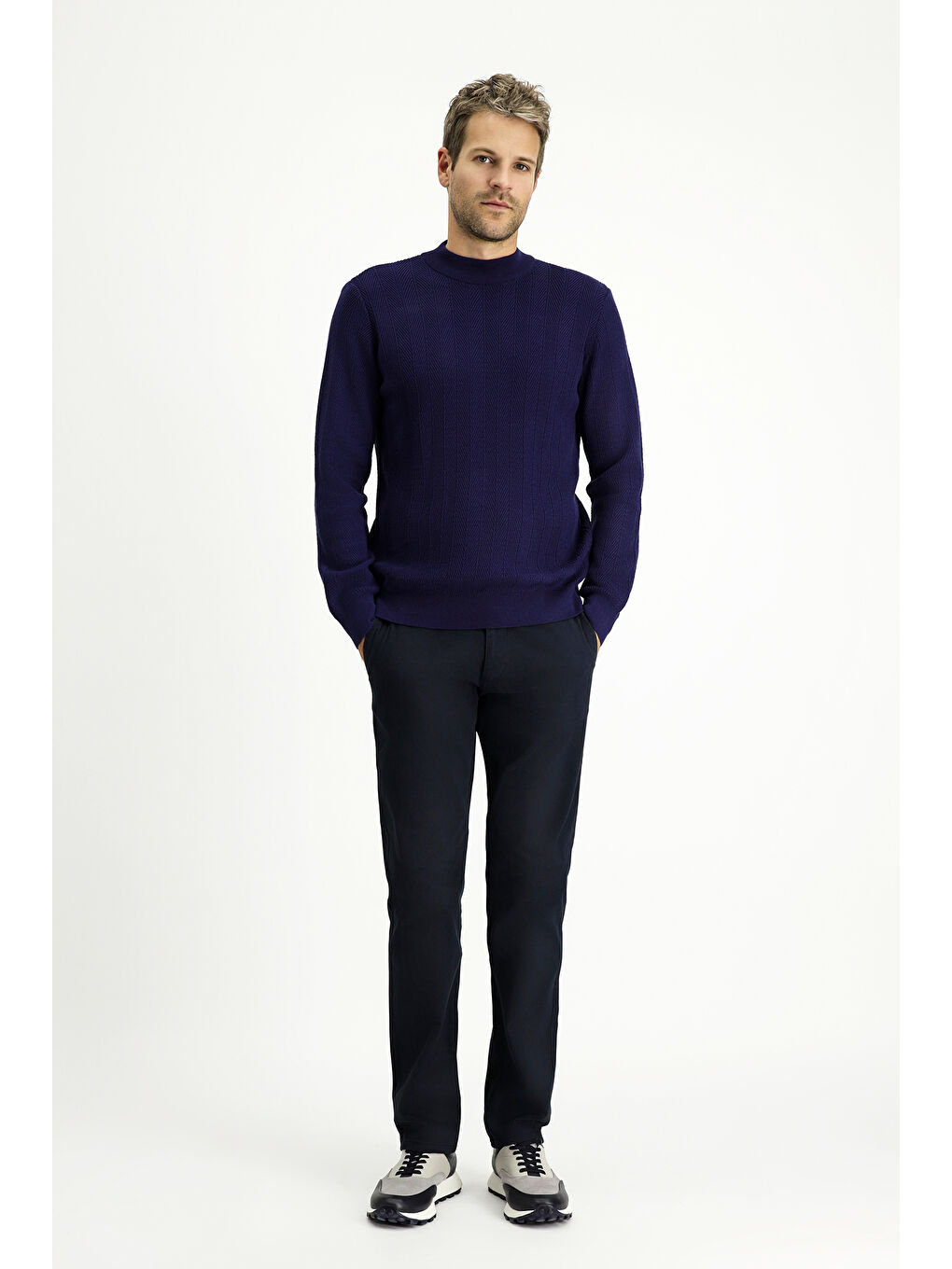 Lacivert Bato Yaka Slim Fit Dar Kesim Desenli Pamuklu Triko Büyük Beden Kazak-2