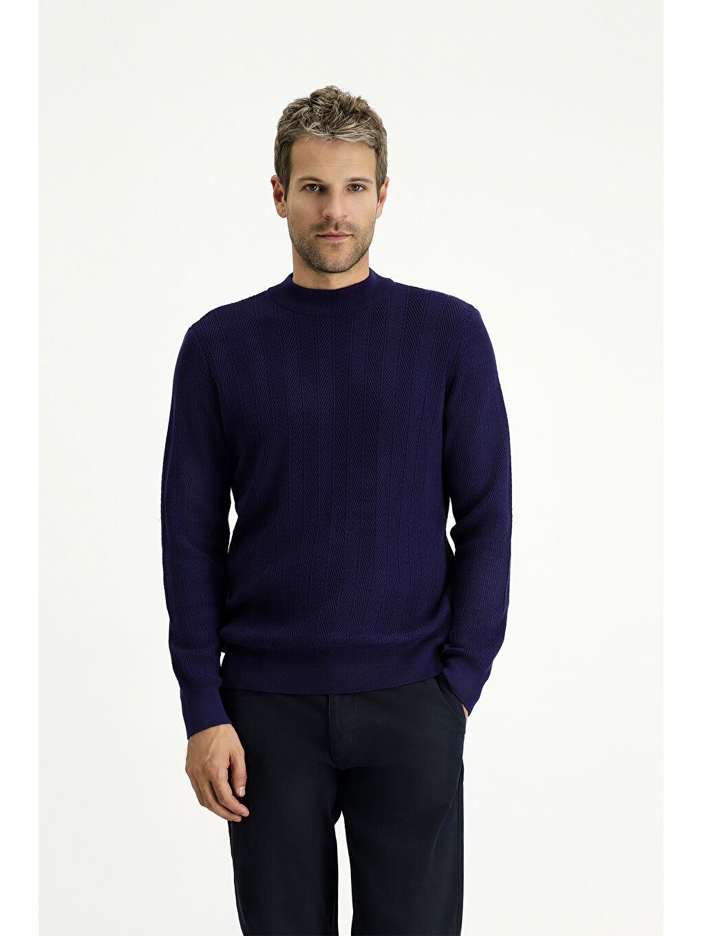 Lacivert Bato Yaka Slim Fit Dar Kesim Desenli Pamuklu Triko Büyük Beden Kazak-3