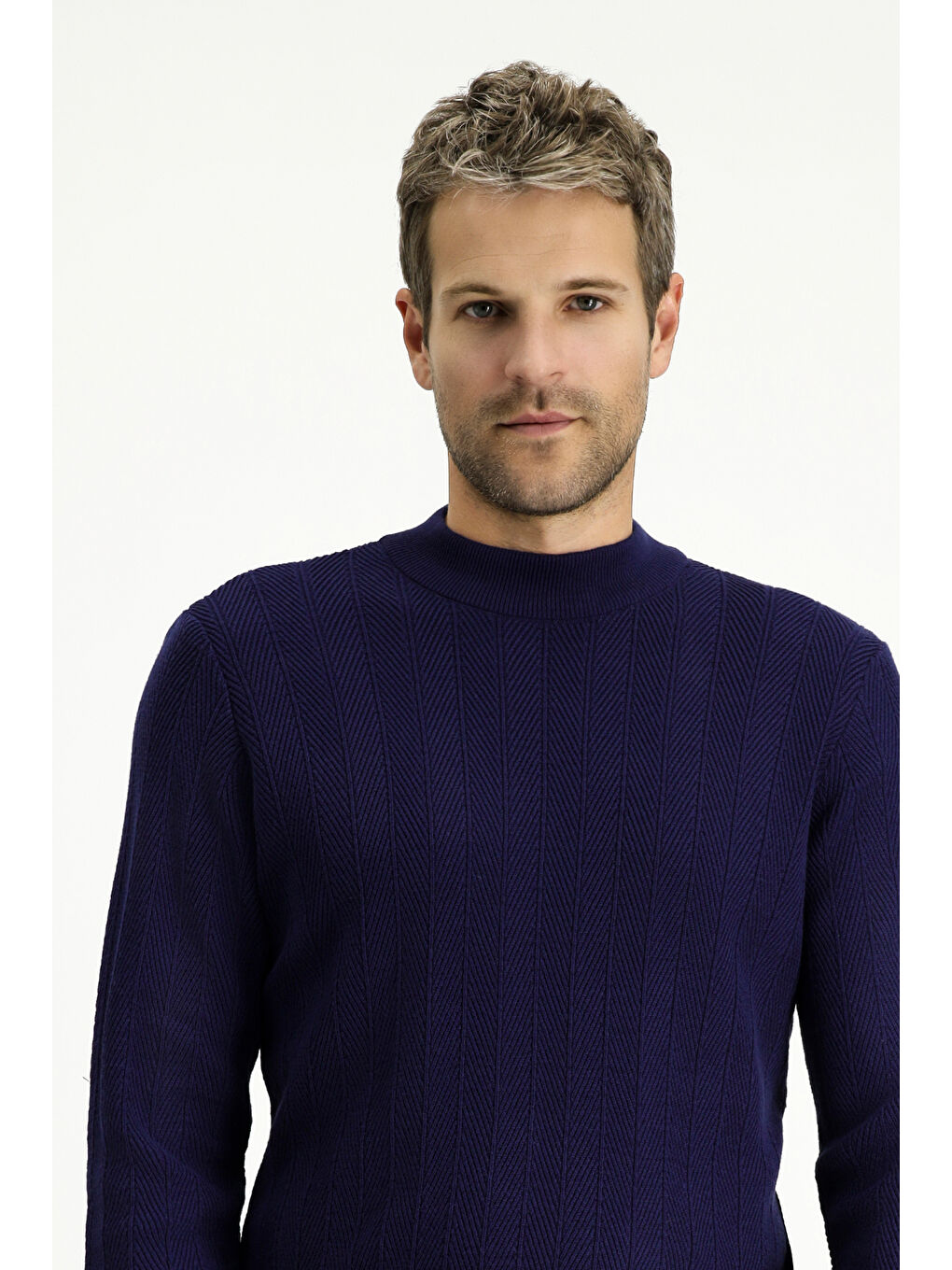 Lacivert Bato Yaka Slim Fit Dar Kesim Desenli Pamuklu Triko Büyük Beden Kazak-4