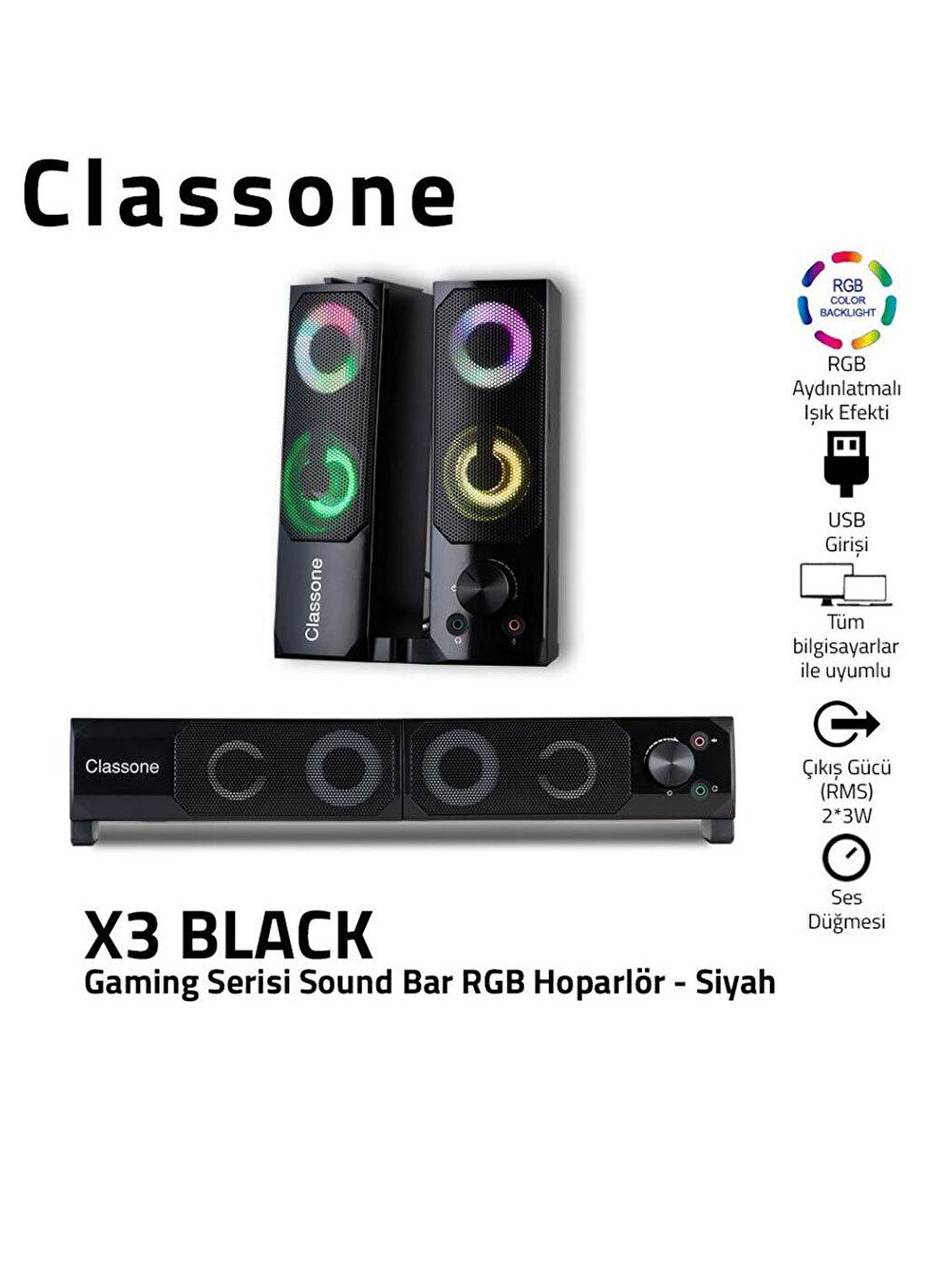 Classone Siyah X3 Gaming Soundbar RGB Hoparlör