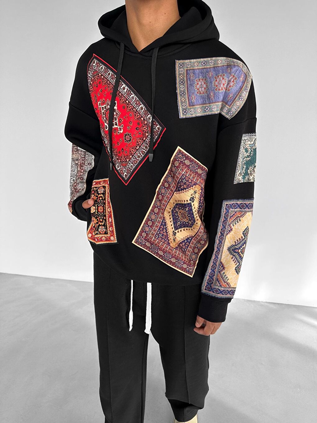 ablukaonline Siyah Erkek Oversize Kilim Yamalı Hoodie Siyah