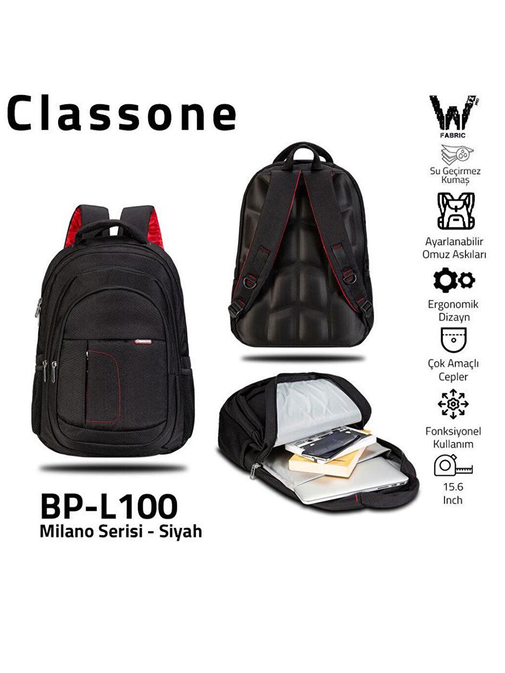 Classone Siyah BP-L100 Su Geçirmez 15.6" Laptop Sırt Çantası