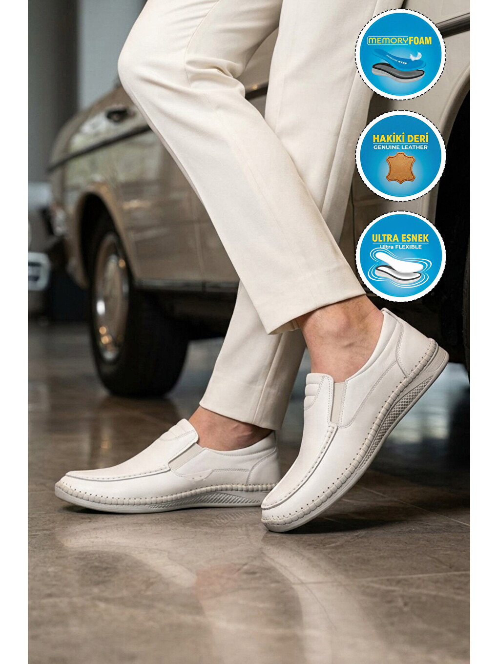 Erkek Beyaz Hakiki Deri Hafızalı Rahat Taban Smart Casual Ayakkabı Loafer M741 M-2