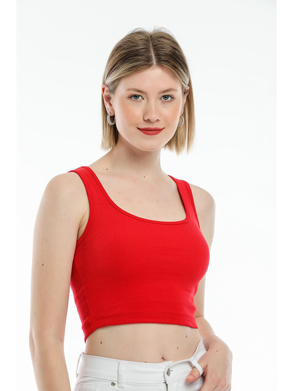 Kırmızı Kadın Crop Örme Slim Fit Atlet-Tişort SPR21Y19-1