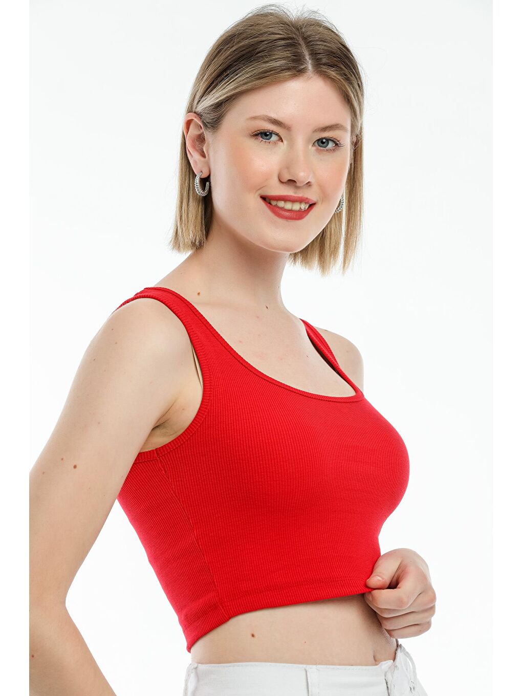 Kırmızı Kadın Crop Örme Slim Fit Atlet-Tişort SPR21Y19-2