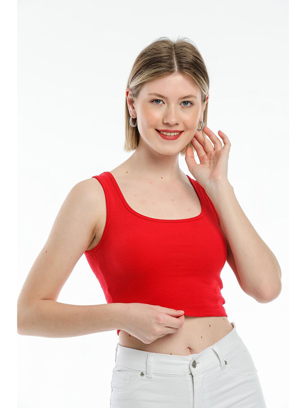 Kırmızı Kadın Crop Örme Slim Fit Atlet-Tişort SPR21Y19-3