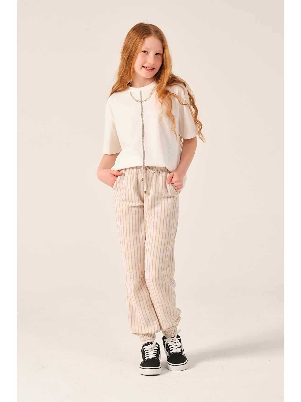 Bej Genç Kız Çocuk Çizgili Jogger Pantolon-2