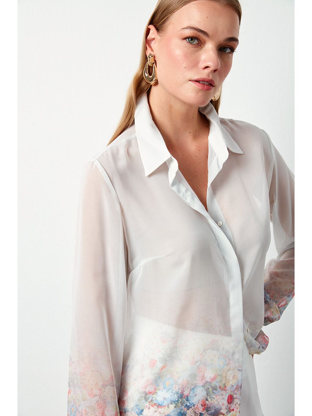 Çiçek Desenli Gömlek - Ekru-1